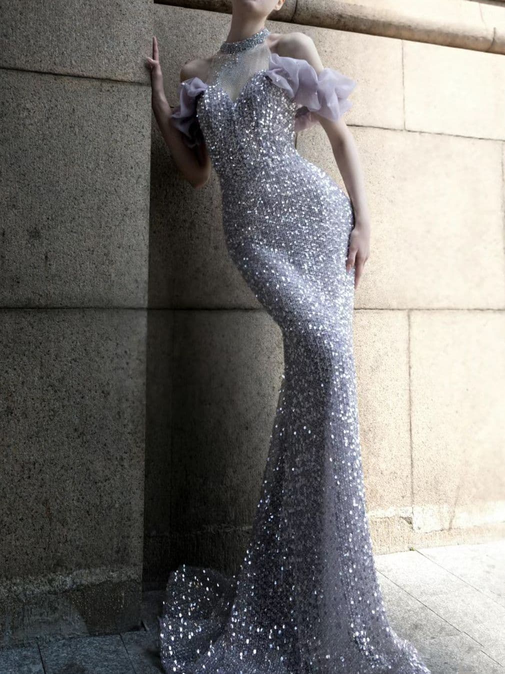 image-Purple Host Starry Sky Annual Meeting Beaded Toast Dress Halter Model Catwalk Fishtail