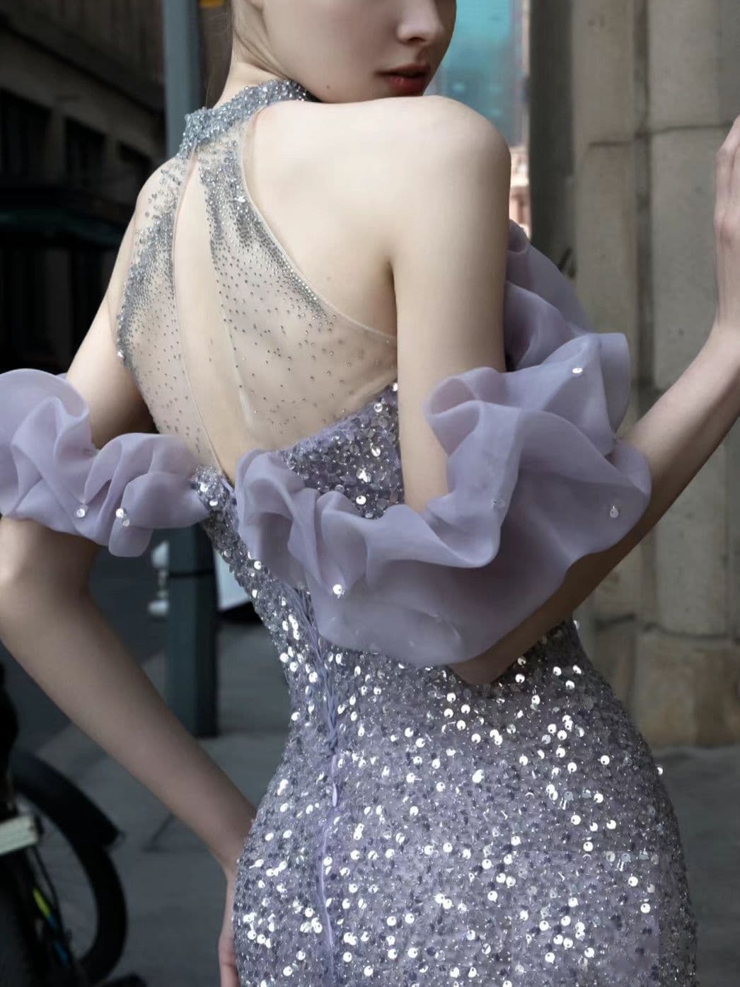 image-Purple Host Starry Sky Annual Meeting Beaded Toast Dress Halter Model Catwalk Fishtail