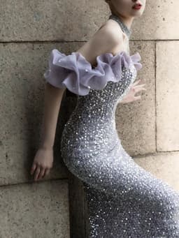 image-Purple Host Starry Sky Annual Meeting Beaded Toast Dress Halter Model Catwalk Fishtail