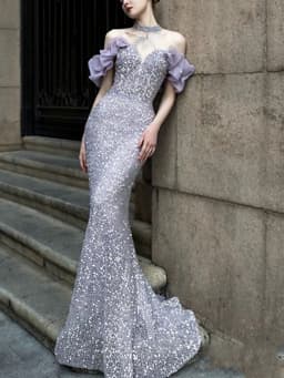 image-Purple Host Starry Sky Annual Meeting Beaded Toast Dress Halter Model Catwalk Fishtail
