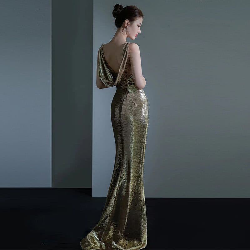 image-Fishtail Evening Dress For Women Elegant Sequins Annual Meeting Sexy Backless