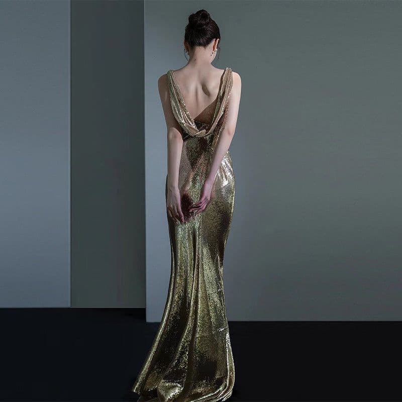 image-Fishtail Evening Dress For Women Elegant Sequins Annual Meeting Sexy Backless