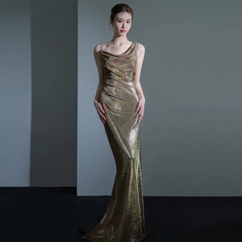 image-Fishtail Evening Dress For Women Elegant Sequins Annual Meeting Sexy Backless