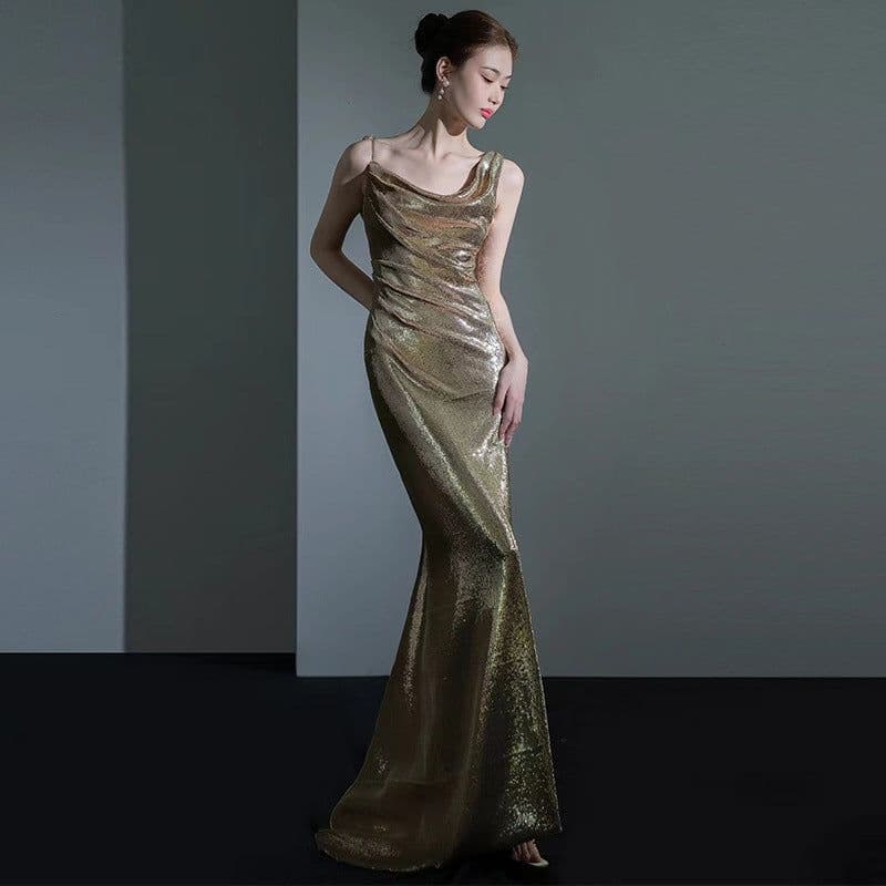 image-Fishtail Evening Dress For Women Elegant Sequins Annual Meeting Sexy Backless