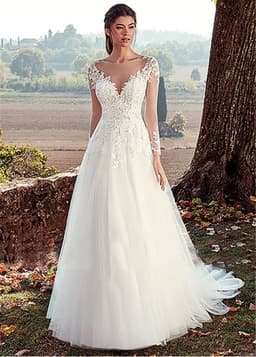 image-High U-neck Lace Long Sleeve A- Line Long Tail Simple Wedding Dress