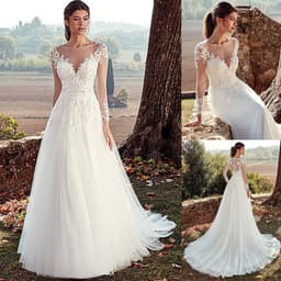 image-High U-neck Lace Long Sleeve A- Line Long Tail Simple Wedding Dress
