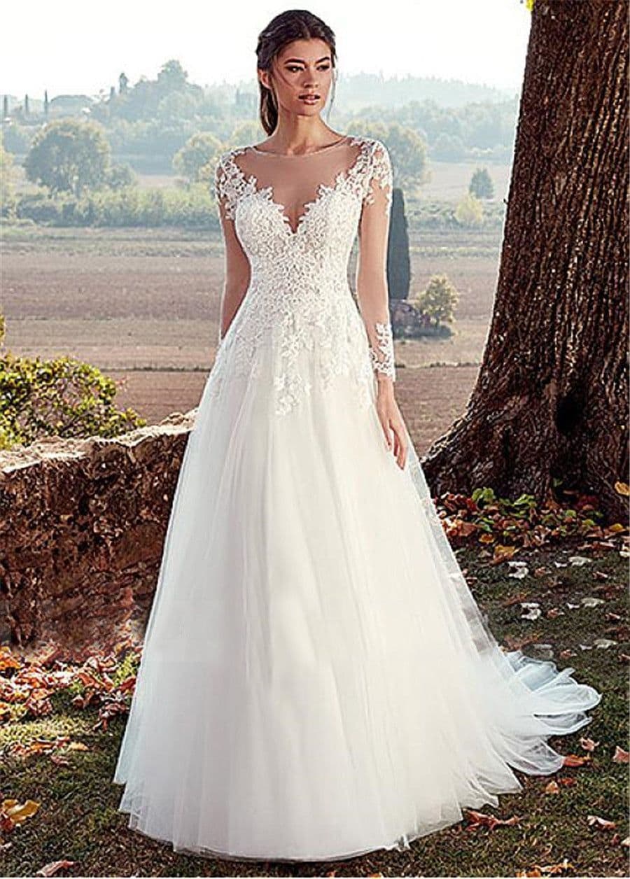 image-High U-neck Lace Long Sleeve A- Line Long Tail Simple Wedding Dress
