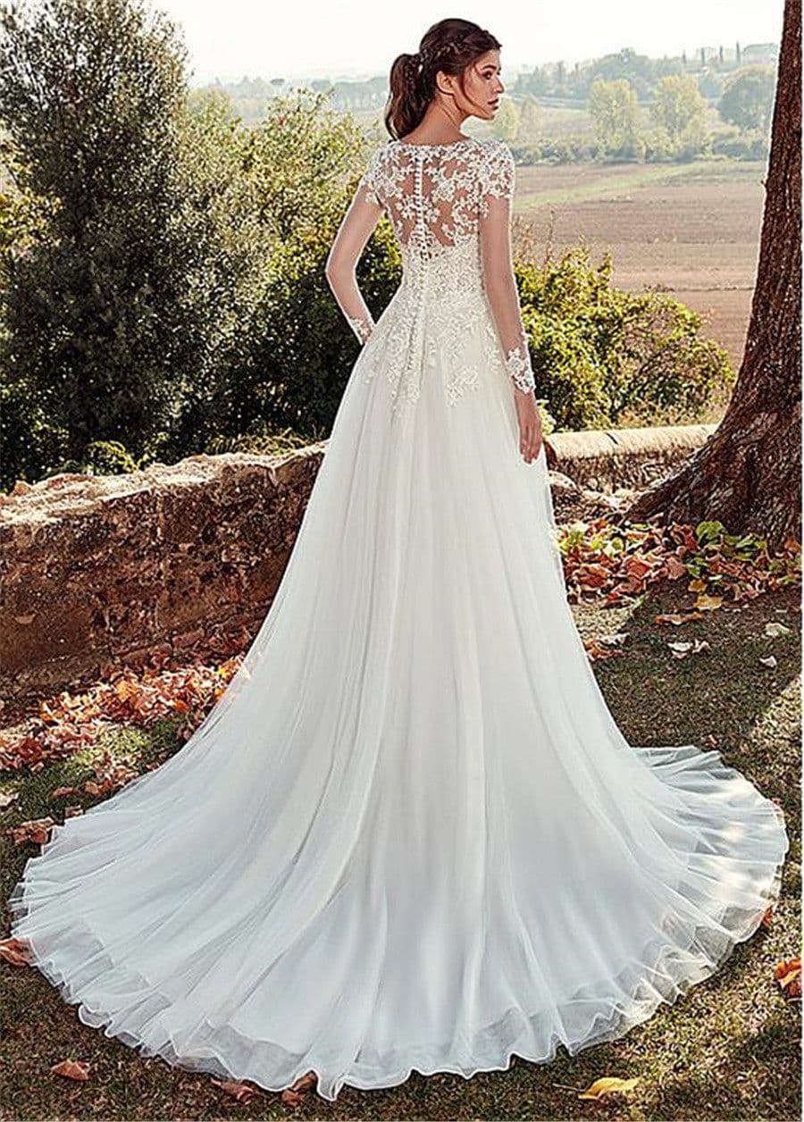 image-High U-neck Lace Long Sleeve A- Line Long Tail Simple Wedding Dress