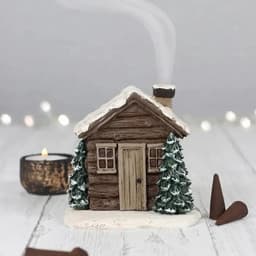 image-Log Cabin Incense Burner Rustic Christmas Chimney Hut Incense Cone Burner Collectible Resin Statue Table