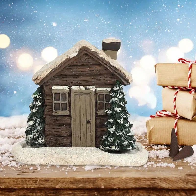 image-Log Cabin Incense Burner Rustic Christmas Chimney Hut Incense Cone Burner Collectible Resin Statue Table