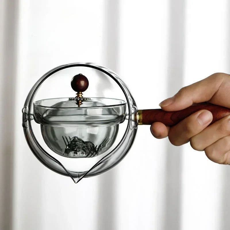 image-Semi-automatic Rotary Heat-resistant Glass Teapot Lazy Tea Making With Infuser And Wooden Handle Office Home Accessories Kitchen Gadgets