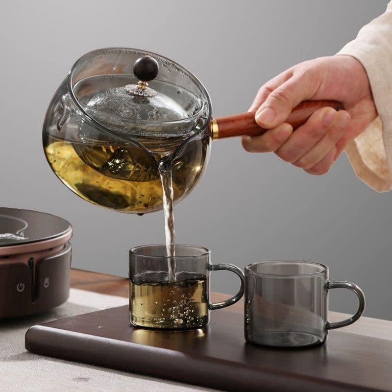 image-Semi-automatic Rotary Heat-resistant Glass Teapot Lazy Tea Making With Infuser And Wooden Handle Office Home Accessories Kitchen Gadgets