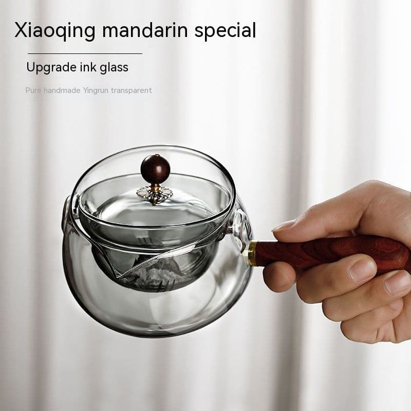 image-Semi-automatic Rotary Heat-resistant Glass Teapot Lazy Tea Making With Infuser And Wooden Handle Office Home Accessories Kitchen Gadgets