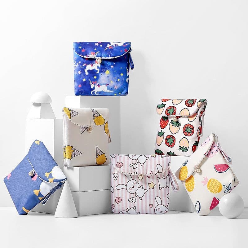 image-Travel Aunt Towel Storage Bag Portable Cartoon Napkins Dispenser Bag Sanitary Napkin Pouch