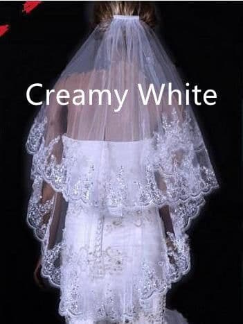 image-Bridal Sequined Polyester Veil Face Cover Two Layers Lace Sideband