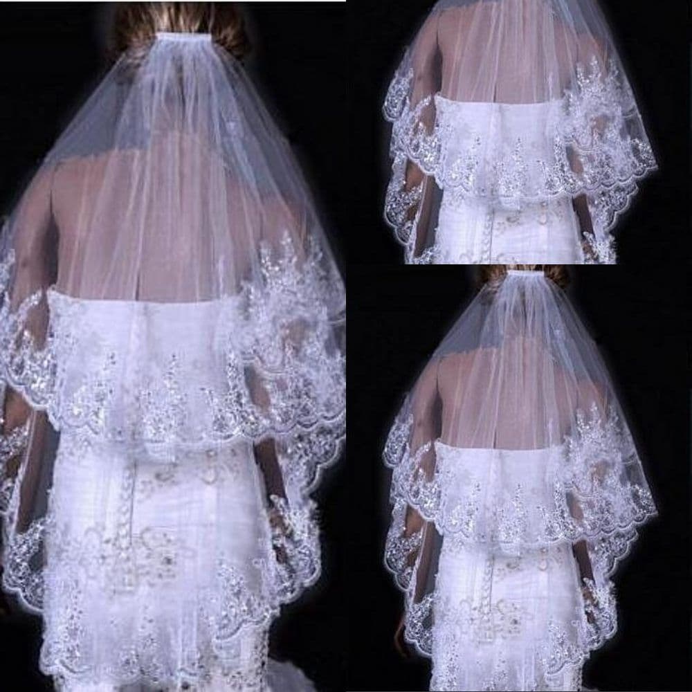 image-Bridal Sequined Polyester Veil Face Cover Two Layers Lace Sideband