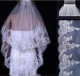image-Bridal Sequined Polyester Veil Face Cover Two Layers Lace Sideband