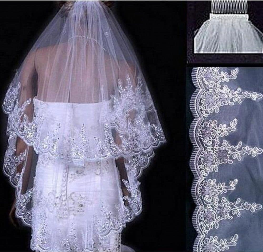 image-Bridal Sequined Polyester Veil Face Cover Two Layers Lace Sideband