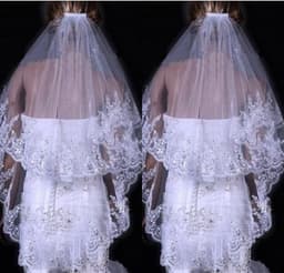 image-Bridal Sequined Polyester Veil Face Cover Two Layers Lace Sideband