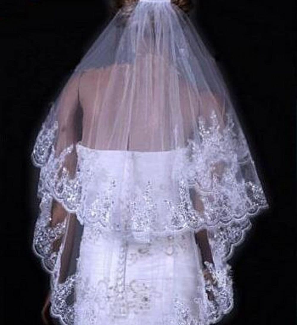 image-Bridal Sequined Polyester Veil Face Cover Two Layers Lace Sideband