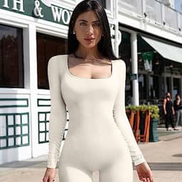 image-Women's Yoga Sports Fitness Jumpsuit Workout Long Sleeve Square Collar Clothing