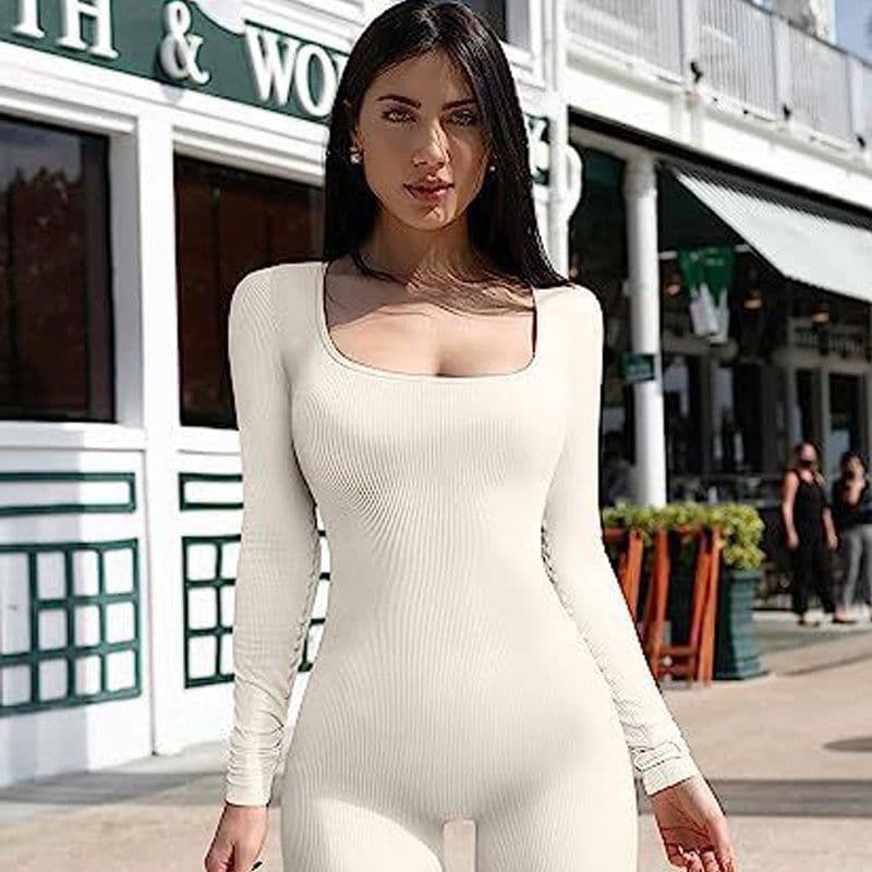 image-Women's Yoga Sports Fitness Jumpsuit Workout Long Sleeve Square Collar Clothing