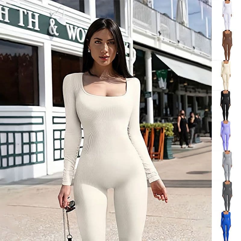 image-Women's Yoga Sports Fitness Jumpsuit Workout Long Sleeve Square Collar Clothing