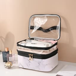 image-Transparent Pvc Double Layer Marble Waterproof Cosmetic Bag