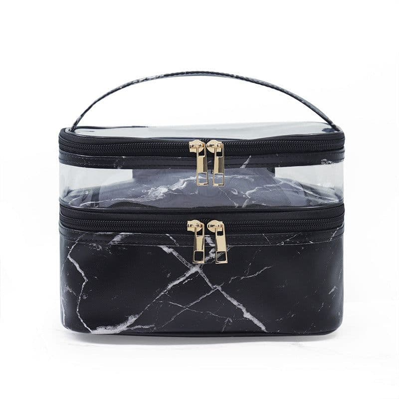 image-Transparent Pvc Double Layer Marble Waterproof Cosmetic Bag