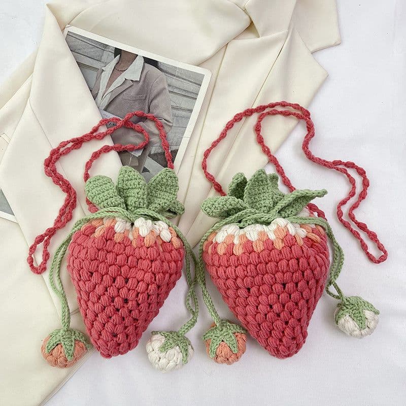 image-Personalized Handmade Crocheted Wool Strawberry Small Bag