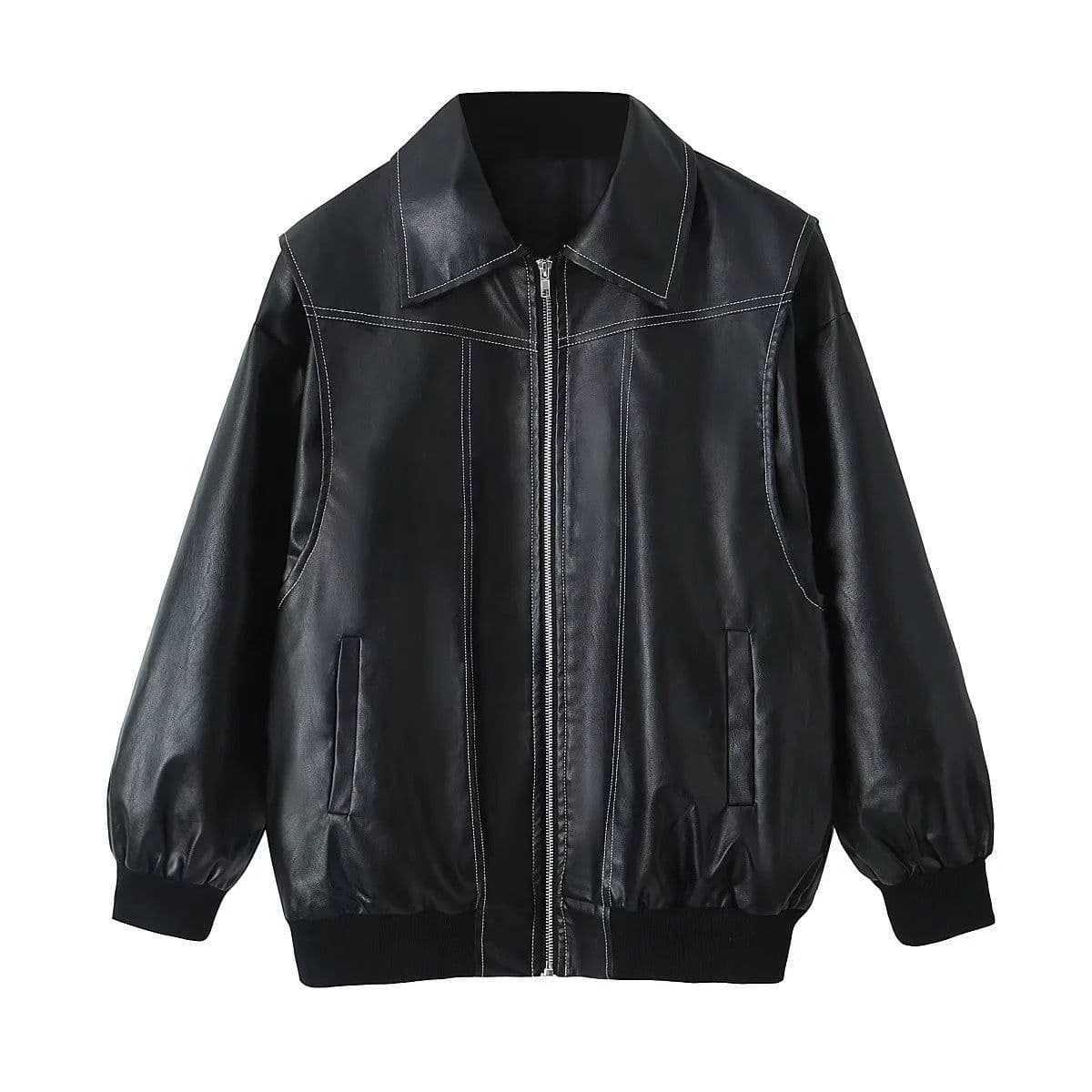 image-Loose Fashion Retro Jacket Cool Stand Collar Long Sleeve Jacket Womens Clothing