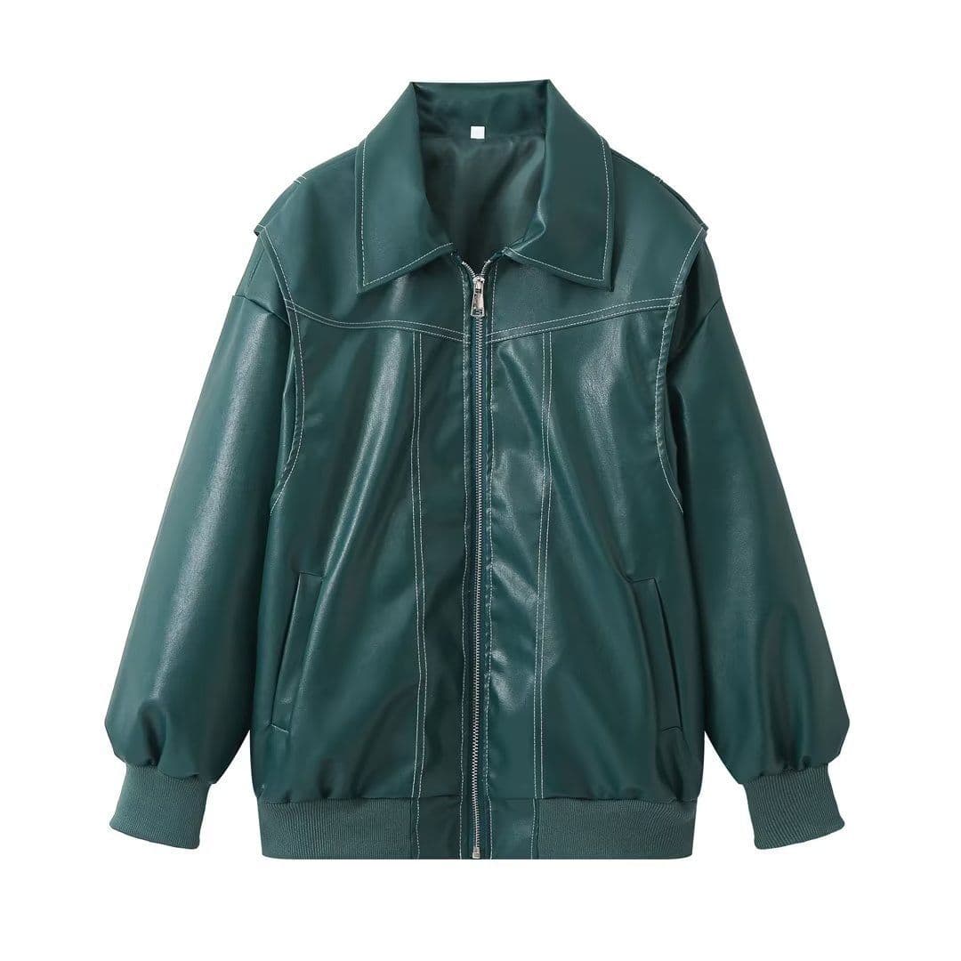 image-Loose Fashion Retro Jacket Cool Stand Collar Long Sleeve Jacket Womens Clothing