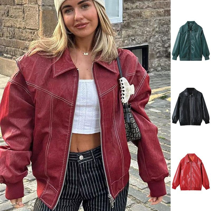 image-Loose Fashion Retro Jacket Cool Stand Collar Long Sleeve Jacket Womens Clothing