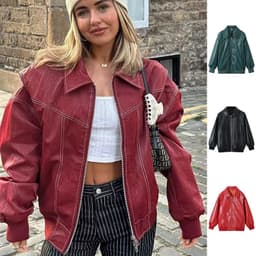 image-Loose Fashion Retro Jacket Cool Stand Collar Long Sleeve Jacket Womens Clothing