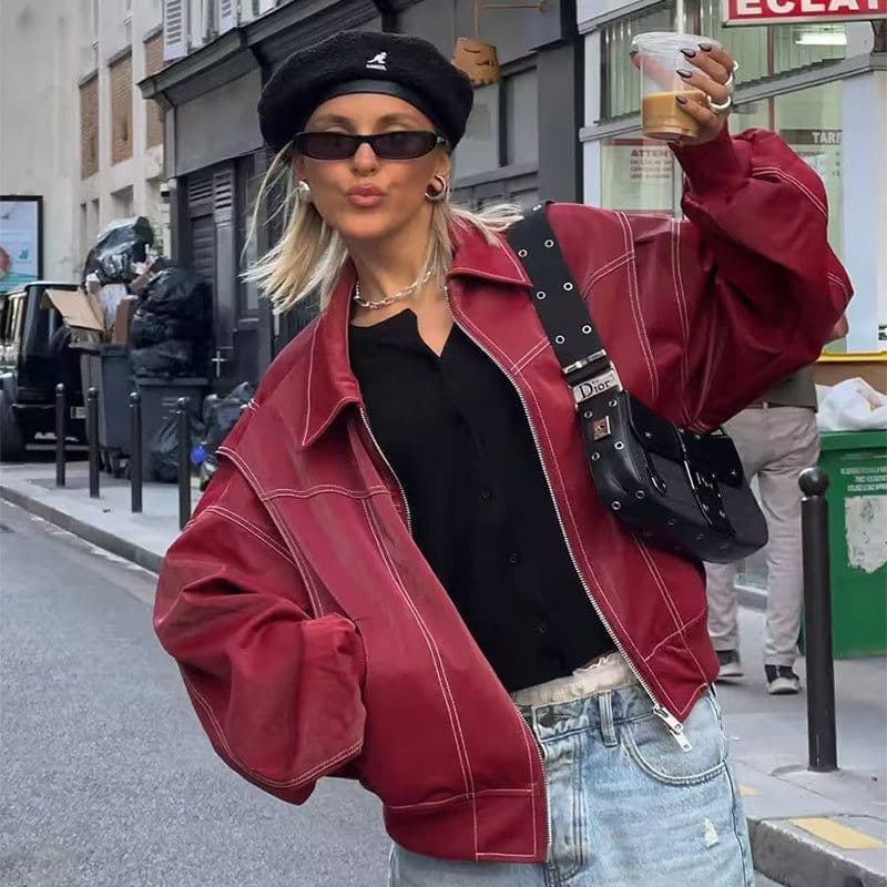 image-Loose Fashion Retro Jacket Cool Stand Collar Long Sleeve Jacket Womens Clothing