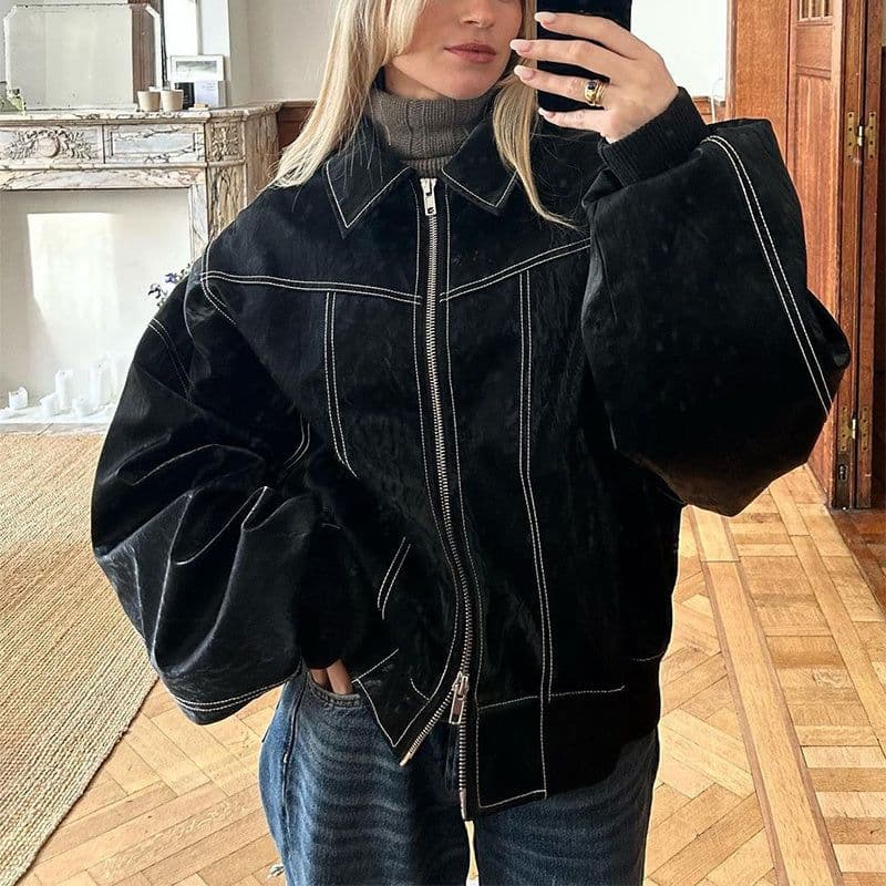 image-Loose Fashion Retro Jacket Cool Stand Collar Long Sleeve Jacket Womens Clothing