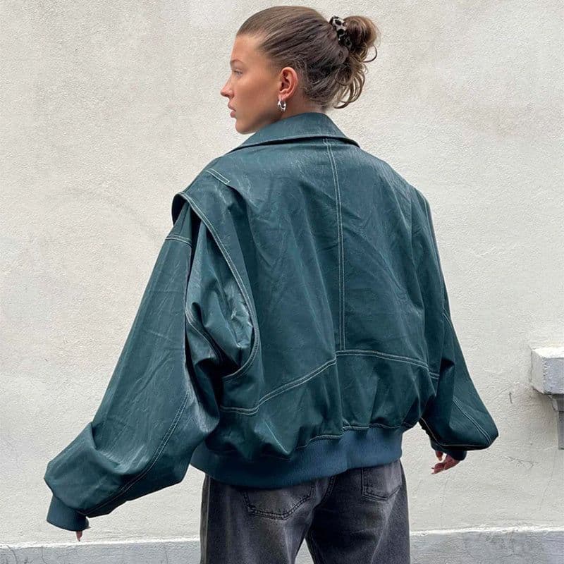 image-Loose Fashion Retro Jacket Cool Stand Collar Long Sleeve Jacket Womens Clothing