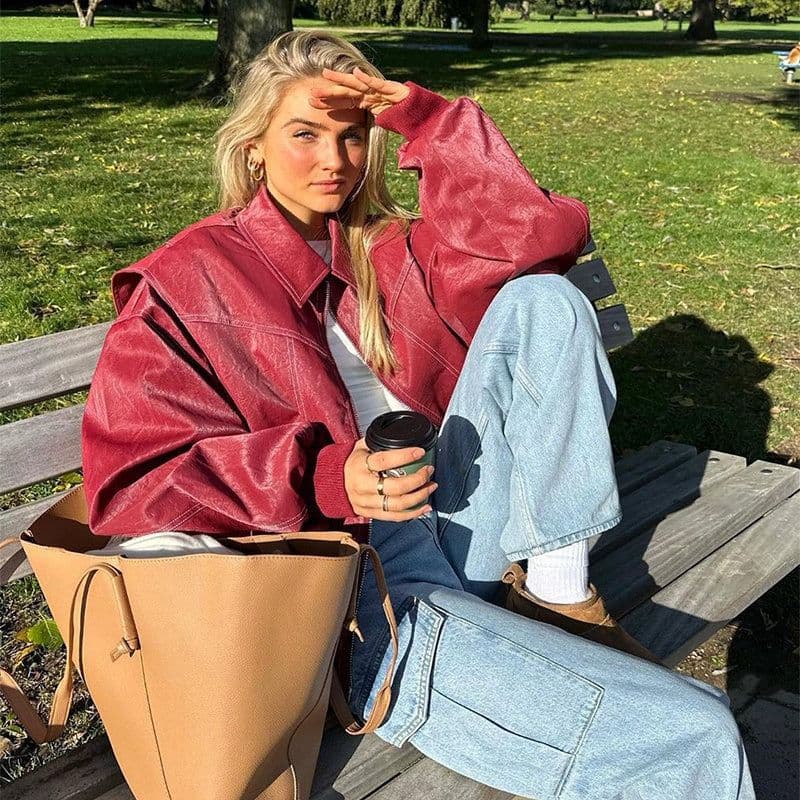 image-Loose Fashion Retro Jacket Cool Stand Collar Long Sleeve Jacket Womens Clothing