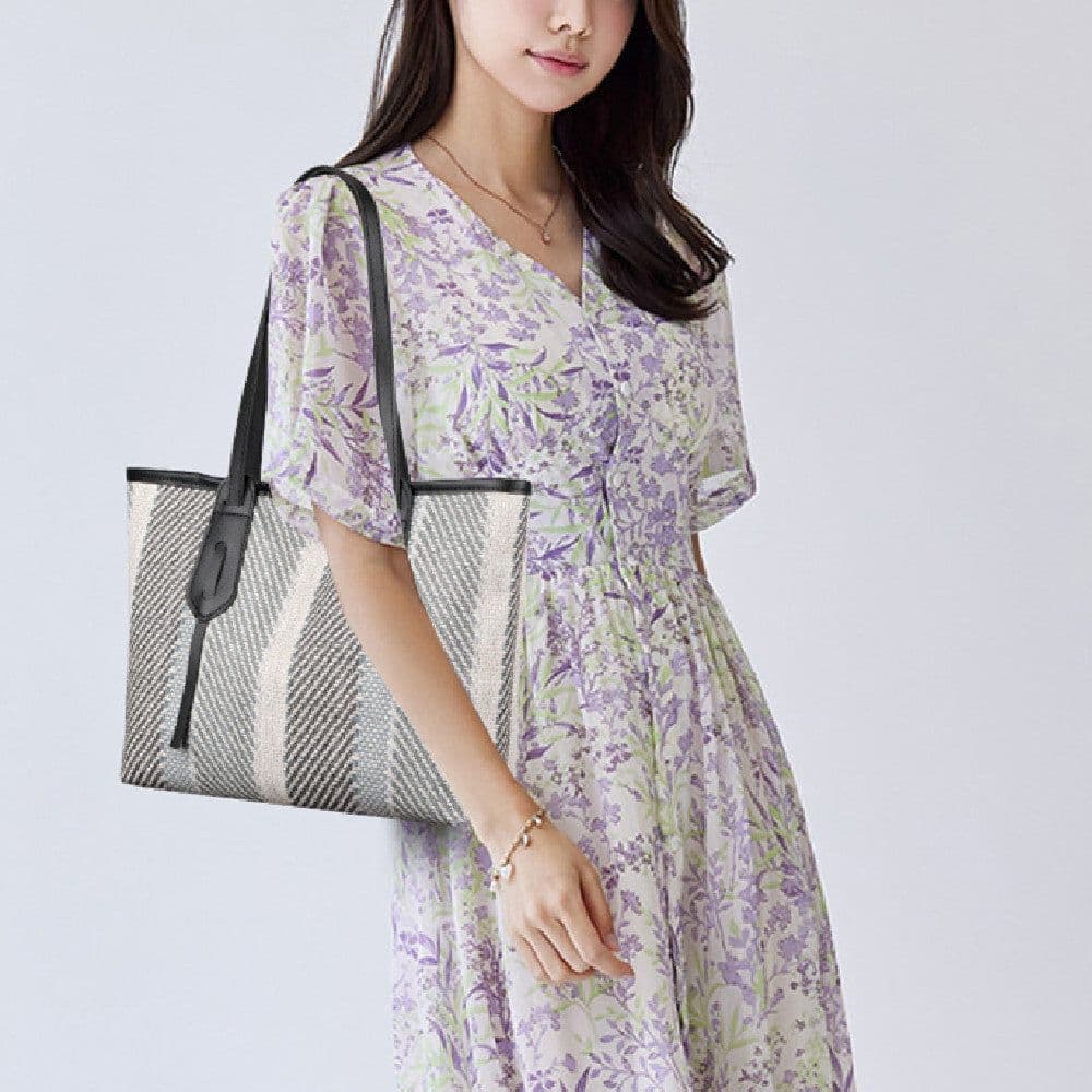 image-Bag Female Cotton And Linen Stripes Tote Bag Fabric Shoulder Bag