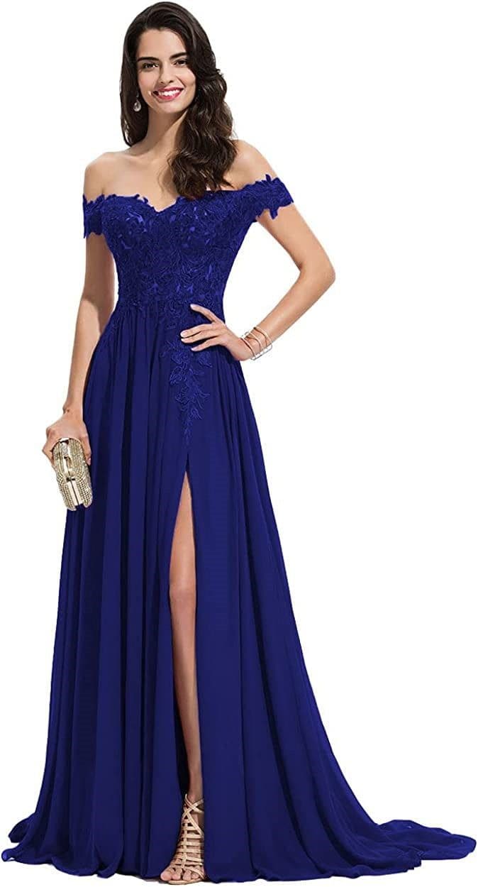 image-Women's Off-shoulder Shoulder-baring Long Prom Dress Slit Lace