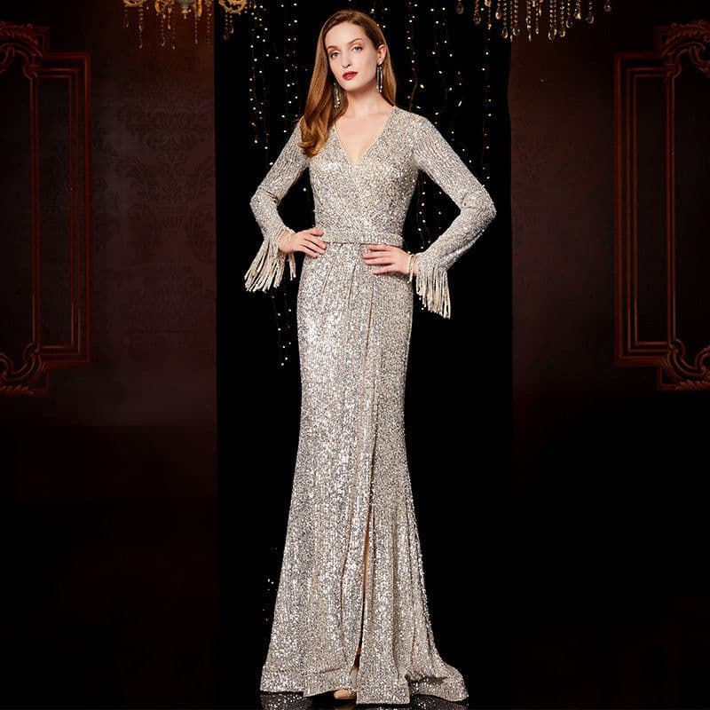 image-Temperament Banquet Ladies Sequined Annual Meeting Host Long Evening Dress