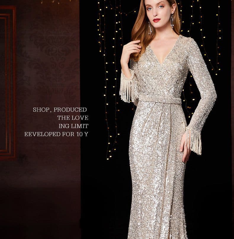 image-Temperament Banquet Ladies Sequined Annual Meeting Host Long Evening Dress