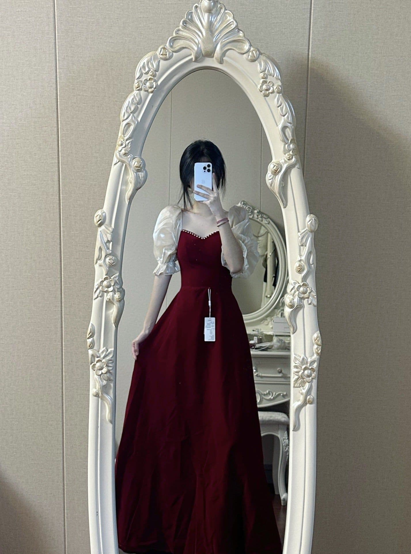 image-Small Plus Size Wine Red Puff Sleeve Princess High-grade Evening Dress
