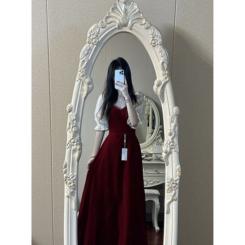 image-Small Plus Size Wine Red Puff Sleeve Princess High-grade Evening Dress