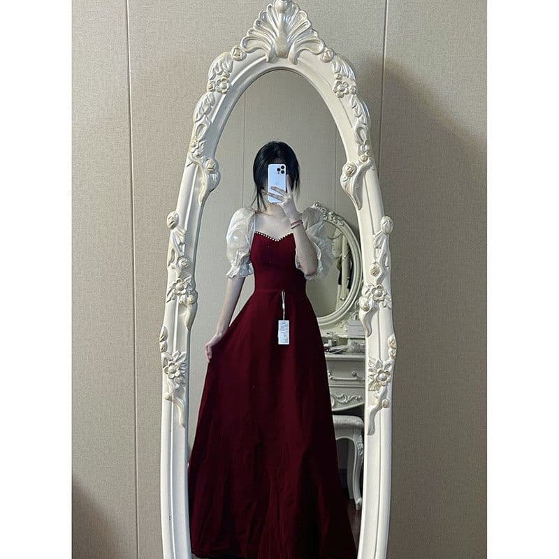image-Small Plus Size Wine Red Puff Sleeve Princess High-grade Evening Dress