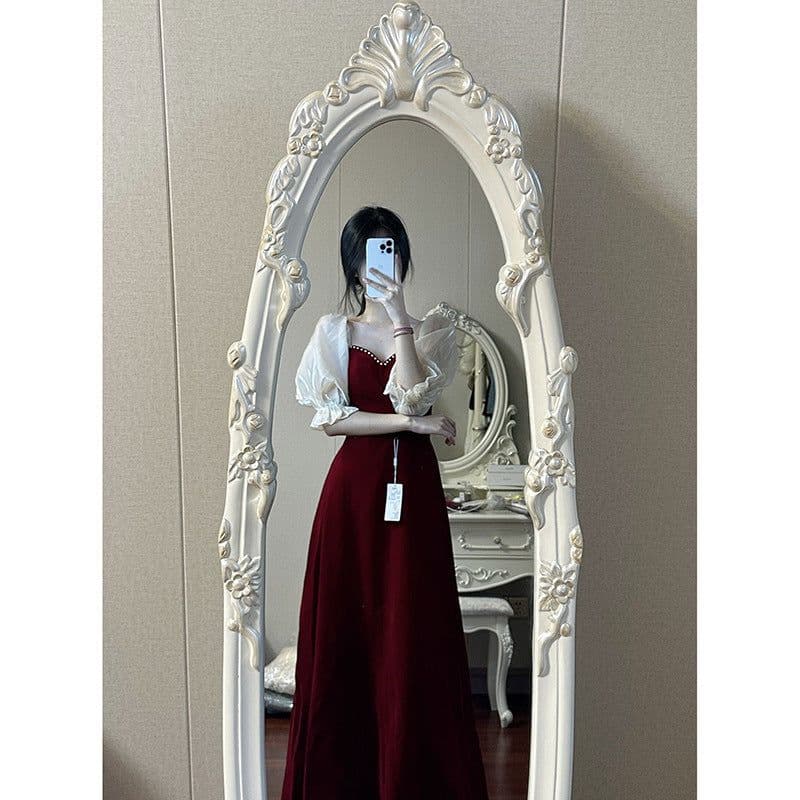 image-Small Plus Size Wine Red Puff Sleeve Princess High-grade Evening Dress