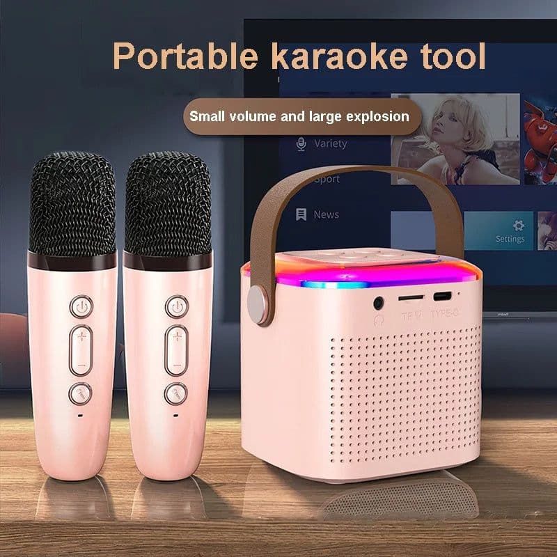 image-Microphone Karaoke Machine Bluetooth Speaker With 2 Wireless Mic RGB Light Home Family Singing Speaker