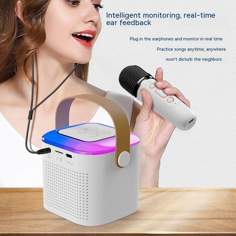 image-Microphone Karaoke Machine Bluetooth Speaker With 2 Wireless Mic RGB Light Home Family Singing Speaker