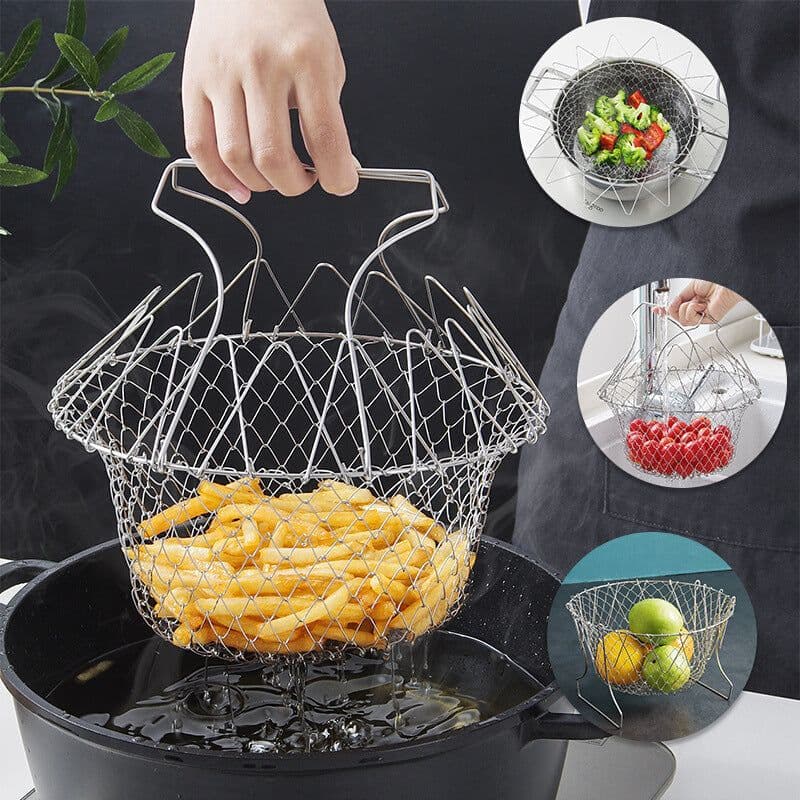 image-Stainless Steel Deep-fried Large Noodle Kitchen French Fries Tools Drain Basket Household Leak Net Spoon Folding Filter