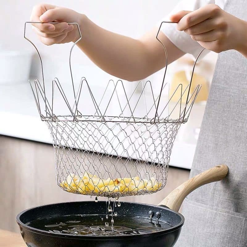 image-Stainless Steel Deep-fried Large Noodle Kitchen French Fries Tools Drain Basket Household Leak Net Spoon Folding Filter